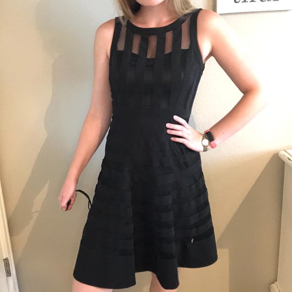 Dobby Mesh Striped Little Black Dress - Picture 7 of 10